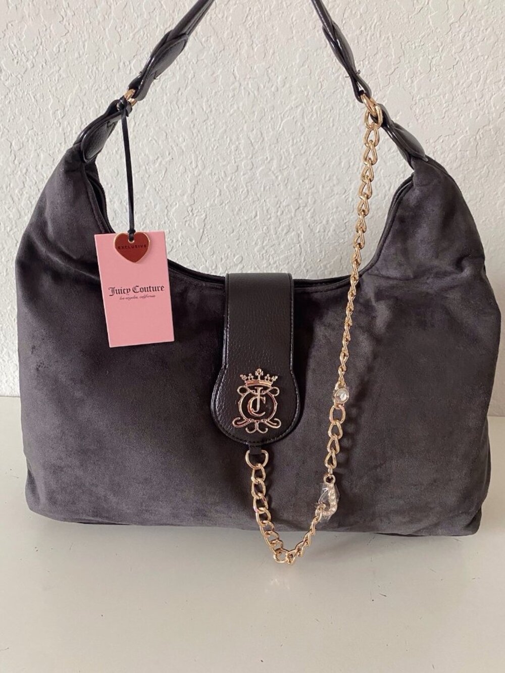 Juicy Couture Juicy Royal Crest Large Hobo Coho Chocolate Suede W/Chain VIRAL